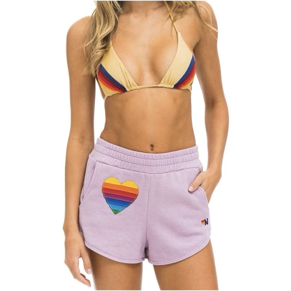 AVIATOR NATION RAINBOW HEART STITCH LOUNGER SHORT - MAUVE WOMENS M